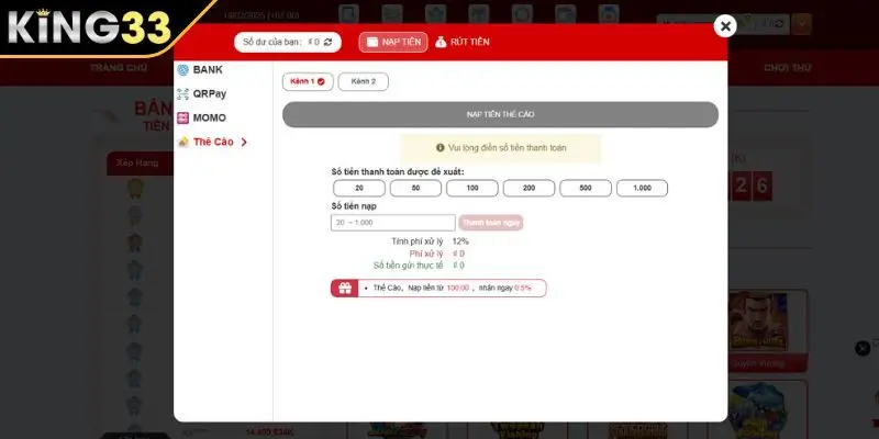 Chi tiết thao tác nạp tiền