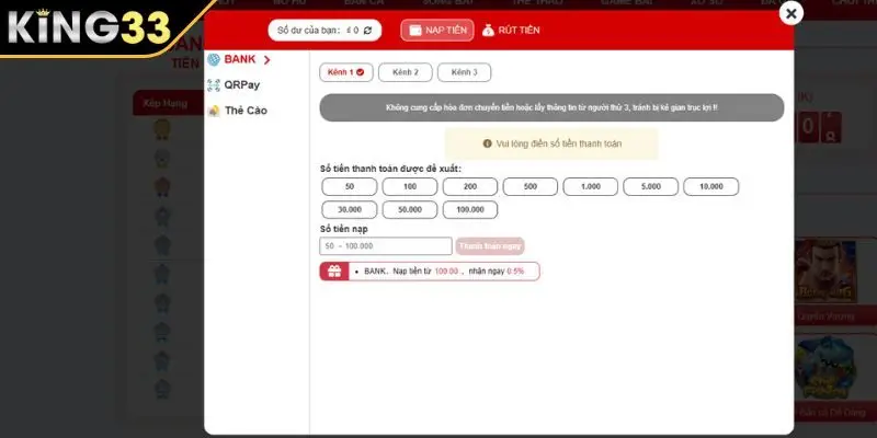 Nạp tiền KING33 qua ngân hàng