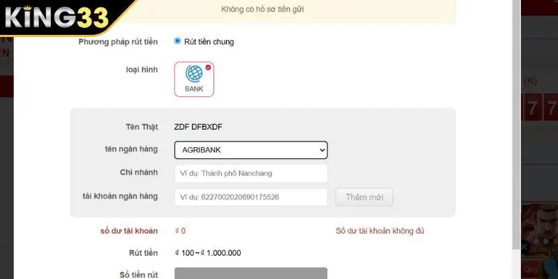 Quy định chung khi rút tiền KING33